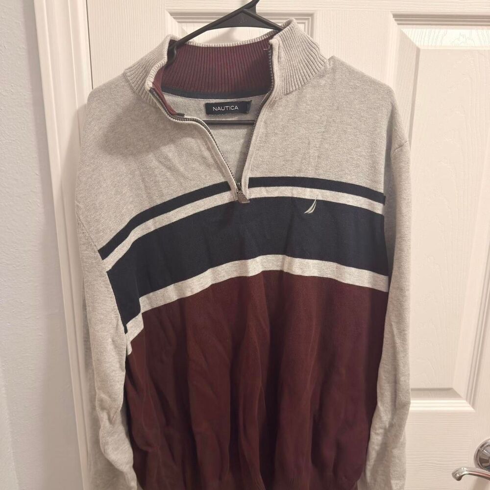 (2021-2024) Nautica Colorblock Quarter-Zip Sweater - Heather Grey/Navy - XL